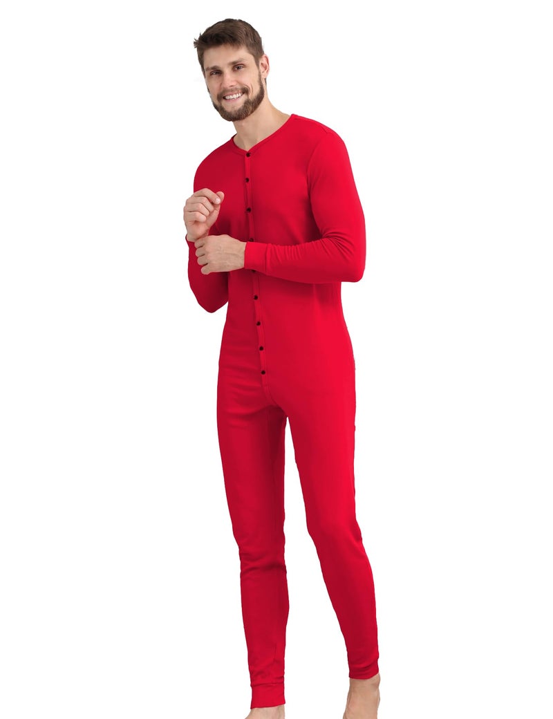 COLORFULLEAF Men's Cotton Thermal Underwear Union Suits Henley Onesies Base Layer (Red, L) - Image 2